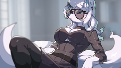 Size: 1920x1080 | Tagged: safe, artist:drunk_oak, alolan ninetales, fictional species, ninetales, anthro, nintendo, pokémon, 2023, black nose, bottomwear, breasts, clothes, digital art, ears, eyelashes, female, fur, glasses, hair, looking at you, pants, pose, shirt, solo, solo female, sunglasses, tail, thighs, topwear, wide hips