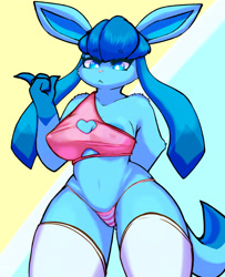 Size: 2435x2999 | Tagged: suggestive, alternate version, artist:milkteafox, part of a set, eeveelution, fictional species, glaceon, mammal, anthro, nintendo, pokémon, 2023, areola, areola slip, arm behind back, bikini, black nose, blushing, breasts, clothes, dialogue, digital art, ears, eyelashes, female, fur, hair, legwear, looking at you, nipple outline, pink bikini, pink nose, pink swimsuit, solo, solo female, stockings, swimsuit, talking, text, thighs, wide hips
