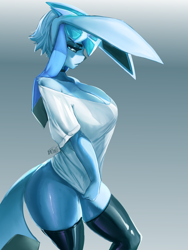 Size: 3000x4000 | Tagged: safe, artist:faejunkie, eeveelution, fictional species, glaceon, mammal, anthro, nintendo, pokémon, bottomless, breasts, clothes, female, huge breasts, legwear, nudity, partial nudity, shirt, solo, solo female, stockings, tail, thick thighs, thighs, topwear, wide hips