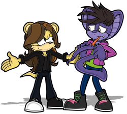 Size: 1900x1700 | Tagged: safe, artist:toyminator900, cobra, mammal, mongoose, reptile, snake, anthro, gabe saporta, sega, sonic the hedgehog (series), william beckett, arms out, bottomwear, brown eyes, brown hair, clothes, duo, duo male, fangs, forked tongue, hair, hoodie, jacket, long hair, male, males only, pants, scales, scared, sharp teeth, shoes, simple background, smirk, snake tail, sonicified, tail, teeth, tongue, topwear, transparent background