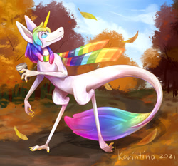 Size: 1600x1491 | Tagged: safe, artist:karintina, fictional species, yinglet, the out-of-placers, clothes, coffee cup, hair, leaf, rainbow hair, scarf, solo