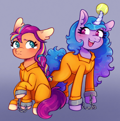 Size: 1892x1916 | Tagged: safe, artist:hecctwo, izzy moonbow (mlp), sunny starscout (mlp), hasbro, my little pony, my little pony g5, spoiler:my little pony g5, ball, blushing, clothes, commissioner:rainbowdash69, cuffed, cuffs, embarrassed, gradient background, horn, hornball, izzy's tennis ball, never doubt rainbowdash69's involvement, prison outfit, prisoner, shackles, teary eyes, tennis ball
