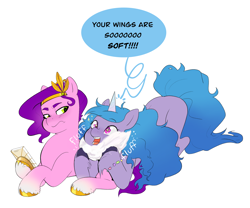 Size: 2604x2167 | Tagged: safe, artist:aztrial, izzy moonbow (mlp), pipp petals (mlp), equine, fictional species, mammal, pegasus, pony, unicorn, hasbro, my little pony, my little pony g5, spoiler:my little pony g5, blushing, bracelet, cell phone, clothes, coat markings, cute, dialogue, duo, duo female, english text, eyebrow through hair, eyebrows, female, females only, fluff, friendship bracelet, frowning, hair, headband, headwear, high res, hooves, horn, jewelry, mare, onomatopoeia, open mouth, open smile, personal space invasion, phone, photo, pipp petals is not amused, regalia, rubbing, simple background, smartphone, smiling, socks (coat markings), soft, sparkles, sparkly eyes, speech bubble, talking, text, unamused, unshorn fetlocks, white background, wing fluff, wingding eyes, wings