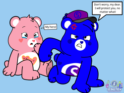 Size: 2048x1530 | Tagged: safe, artist:mrstheartist, love-a-lot bear (care bears), oc, oc:creative bear, bear, fictional species, mammal, semi-anthro, care bears, care bears: unlock the magic, angry, belly badges, black outline, blue background, bright colors, care bear, couple, cross-popping veins, crying, digital art, duo, female, love and creativity (care bears / oc), male, medibang paint, show accurate, simple background, sitting, speech bubble