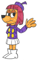 Size: 550x884 | Tagged: safe, artist:genie-dragon, róquete spaniel (as aventuras de gui & estopa), canine, cocker spaniel, dog, mammal, spaniel, anthro, as aventuras de gui & estopa, 2d, beret, boots, bottomwear, clothes, female, front view, frowning, hat, headwear, looking at you, shoes, simple background, skirt, solo, solo female, three-quarter view, traditional art, white background