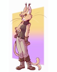Size: 1080x1350 | Tagged: safe, artist:jamilsart, feline, lynx, mammal, anthro, amber eyes, big breasts, bottomwear, breasts, clothes, ears, female, fur, looking at you, pants, shoes, solo, solo female, standing, tail, tail wag, tan body, tan fur, thick thighs, thighs, wide hips