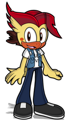 Size: 1080x1920 | Tagged: safe, artist:toyminator900, bird, cockatiel, cockatoo, parrot, anthro, nick martin, sega, sleeping with sirens, sonic the hedgehog (series), beak, bottomwear, clothes, feathers, hair, male, open mouth, pants, red hair, shirt, shoes, simple background, solo, solo male, sonicified, t-shirt, tail, tail feathers, topwear, transparent background, undershirt, vest, yellow body
