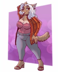 Size: 1080x1350 | Tagged: safe, artist:jamilsart, hyena, mammal, anthro, 2023, arm behind head, big breasts, border, bottomwear, breasts, brown eyes, chest fluff, claws, cleavage, clothes, digital art, ear fluff, feet, female, fluff, fur, hair, high heel sandals, lipstick, looking at you, makeup, pants, sandals, sharp teeth, shoes, smiling, smiling at you, solo, solo female, tail, tail fluff, tan body, tan fur, teeth, thick thighs, thighs, toe claws, toes, white border, white hair, wide hips
