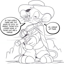 Size: 1382x1398 | Tagged: safe, artist:nauyaco, fievel mousekewitz (an american tail), mammal, mouse, rodent, anthro, an american tail, sullivan bluth studios, 2d, bottomwear, cigarette, clothes, dialogue, english text, gun, hat, headwear, looking at you, male, monochrome, pants, smoking, solo, solo male, speech bubble, standing, talking, text, weapon