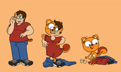 Size: 2478x1487 | Tagged: safe, artist:dumbochumbo, animal humanoid, fictional species, human, mammal, rodent, squirrel, humanoid, semi-anthro, disney, age regression, clothes, female, glasses, human to semi-anthro, jeans, kiff (series), kiff chatterley (kiff), male, male to female, pants, shirt, t-shirt, topwear, transformation, transformation sequence, transgender transformation, young