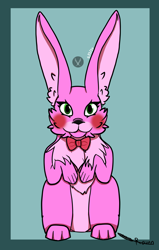 Size: 1400x2200 | Tagged: safe, artist:ravenfeatherthewolf, lagomorph, mammal, rabbit, five nights at freddy's, 2020, bonnet (fnaf), bow, ear fluff, eyelashes, female, fluff, looking at you, pink body, simple background, sitting, smiling, solo, solo female