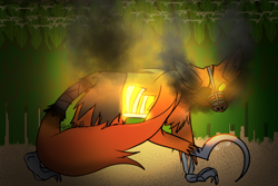 Size: 1500x1000 | Tagged: safe, artist:ravenfeatherthewolf, animatronic, canine, fictional species, fox, mammal, red fox, robot, feral, five nights at freddy's, 2020, abstract background, alternate universe, fur, glowing, grimm foxy (fnaf), hook, muzzle, red body, red fur, signature, smoke, solo, walking