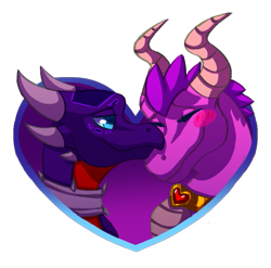 Size: 671x663 | Tagged: safe, artist:taak-os, cynder the dragon (spyro), ember the dragon (spyro), dragon, fictional species, western dragon, spyro the dragon (series), the legend of spyro, 2017, blue eyes, blushing, cynder/ember (spyro), dragoness, eyes closed, female, female/female, heart, lidded eyes, looking at someone, pink body, purple body, scales, shipping, simple background, transparent background