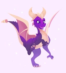 Size: 1087x1200 | Tagged: artist needed, source needed, safe, spyro the dragon (spyro), dragon, fictional species, western dragon, spyro the dragon (series), open mouth, purple body, purple eyes, simple background, smiling, solo, spread wings, teeth, wings