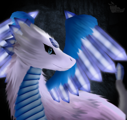 Size: 1044x986 | Tagged: safe, artist:ktchelle, dragon, fictional species, 2019, abstract background, black sclera, blue eyes, blue feathers, blue scales, colored sclera, dragoness, feathers, female, flashwing (skylanders), fur, gem, lineless, looking to the side, scales, skylanders (series), smiling, solo, solo female, white body, white fur