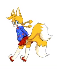 Size: 1259x1578 | Tagged: safe, artist:sparkydb_art, miles "tails" prower (sonic), canine, fox, mammal, sega, sonic the hedgehog (series), bottomwear, child, clothes, ear fluff, eyelashes, female, fluff, hair, hands in pockets, hoodie, looking back, open mouth, panties, pigtails, rule 63, shoes, simple background, skirt, smiling, socks, solo, solo female, topwear, underwear, upskirt, white background, young