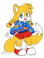 Size: 600x800 | Tagged: safe, artist:fsonic3, miles "tails" prower (sonic), canine, fox, mammal, sega, sonic the hedgehog (series), blushing, bottomwear, child, clothes, female, fur, hair, hoodie, looking to the side, pigtails, rule 63, signature, simple background, skirt, smiling, solo, solo female, standing, teeth, topwear, white background, white body, white fur, yellow body, yellow fur, young