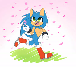 Size: 1920x1690 | Tagged: safe, artist:syrcaii, sonic the hedgehog (sonic), hedgehog, mammal, sega, sonic the hedgehog (series), abstract background, alternate universe, au:resonance, boots, chest fluff, clothes, cute, ear fluff, eyelashes, fangs, flower petals, fluff, gloves, green eyes, heart chest, looking up, nonbinary, running, sharp teeth, shoes, solo, teeth