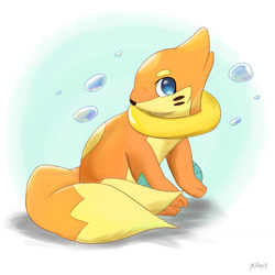 Size: 1280x1280 | Tagged: safe, artist:yellyxp, buizel, fictional species, mammal, feral, nintendo, pokémon, 2022, ambiguous gender, blue eyes, bubbles, cute, looking at you, multiple tails, orange body, sitting, solo, tail, two tails