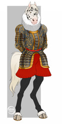 Size: 750x1500 | Tagged: safe, artist:kitsooki, oc, equine, horse, mammal, anthro, unguligrade anthro, 17th century, 2023, armor, clothes, cream body, cream fur, cream hair, digital art, ears, fur, hooves, looking at you, male, solo, solo male, spots, spotted fur, standing, tail, yellow eyes