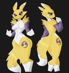 Size: 1869x1971 | Tagged: safe, artist:flutterthrash, fictional species, renamon, anthro, digimon, 2023, bedroom eyes, belly button, black background, black nose, black sclera, breasts, butt, clothes, colored sclera, digital art, ears, eyelashes, featureless breasts, featureless crotch, female, fingerless gloves, fur, gloves, looking at you, looking back, looking back at you, picture-in-picture, pose, rear view, sideboob, simple background, solo, solo female, tail, thighs, unamused, wide hips