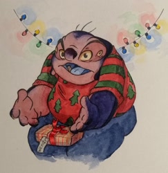 Size: 1556x1600 | Tagged: artist needed, safe, jumba jookiba (lilo & stitch), alien, fictional species, kweltikwan, disney, lilo & stitch, 2022, 4 fingers, blue mouth, blue tongue, christmas, christmas gift, christmas lights, christmas sweater, clothes, colored sclera, colored tongue, four eyes, gift, holiday, irl, lights, looking at you, male, multiple eyes, obese male, open mouth, photo, photographed artwork, pink skin, purple skin, sitting, skin, solo, solo male, sweater, tongue, topwear, traditional art, yellow sclera