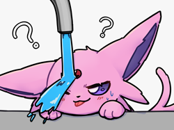 Size: 1683x1258 | Tagged: safe, artist:park horang, eeveelution, espeon, fictional species, mammal, feral, nintendo, pokémon, 2023, ambiguous gender, bedroom eyes, behaving like a cat, blep, blushing, cheek fluff, digital art, ears, fluff, fur, one eye closed, paws, sink, solo, solo ambiguous, tail, tongue, tongue out, water