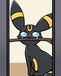 Size: 800x1000 | Tagged: safe, artist:park horang, eeveelution, fictional species, mammal, umbreon, feral, nintendo, pokémon, 2023, ambiguous gender, behaving like a dog, black nose, crying, digital art, door, ears, fur, holding, mouth hold, paws, sitting, solo, solo ambiguous, stick, tail