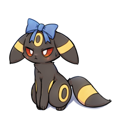 Size: 1300x1358 | Tagged: safe, artist:park horang, eeveelution, fictional species, mammal, umbreon, feral, nintendo, pokémon, 2023, ambiguous gender, bedroom eyes, blushing, bow, colored sclera, digital art, floppy ears, fur, red sclera, sitting, solo, solo ambiguous, tail
