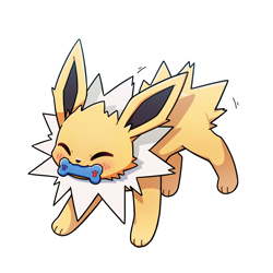 Size: 1500x1500 | Tagged: safe, artist:park horang, eeveelution, fictional species, jolteon, mammal, feral, nintendo, pokémon, 2023, ambiguous gender, behaving like a dog, black nose, blushing, digital art, ears, eyes closed, fluff, fur, holding, mouth hold, neck fluff, paw pads, paws, solo, solo ambiguous, tail