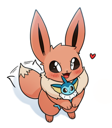 Size: 1750x2000 | Tagged: safe, artist:park horang, eevee, eeveelution, fictional species, mammal, vaporeon, feral, nintendo, pokémon, 2023, ambiguous gender, black nose, blushing, digital art, ears, eyelashes, fluff, fur, heart, neck fluff, open mouth, plushie, solo, solo ambiguous, standing, tail, tail wag, tongue, toy