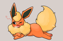 Size: 4672x3053 | Tagged: safe, artist:park horang, eeveelution, fictional species, flareon, mammal, feral, nintendo, pokémon, 2021, ambiguous gender, blushing, digital art, ears, fluff, fur, hair, neck fluff, one eye closed, open mouth, paw pads, paws, solo, solo ambiguous, tail, tongue