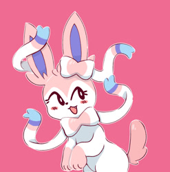 Size: 1171x1183 | Tagged: safe, artist:park horang, eeveelution, fictional species, mammal, sylveon, feral, nintendo, pokémon, 2020, ambiguous gender, black nose, digital art, ears, fur, open mouth, paws, ribbon, simple background, solo, solo ambiguous, tail, tongue