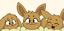 Size: 2558x1268 | Tagged: safe, artist:park horang, eevee, eeveelution, fictional species, mammal, feral, nintendo, pokémon, 2019, ambiguous gender, ambiguous only, black nose, digital art, ears, eyes closed, fluff, fur, group, looking at you, neck fluff, open mouth, paws, simple background, tail, tongue, trio, trio ambiguous