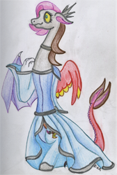 Size: 1098x1635 | Tagged: safe, artist:gracefulart693, oc, oc only, draconequus, equine, fictional species, mammal, pony, feral, friendship is magic, hasbro, my little pony, 2017, bottomwear, choker, clothes, dress, smiling, solo, traditional art
