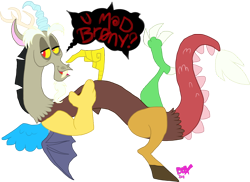 Size: 1000x729 | Tagged: safe, alternate version, artist:pandadox, discord (mlp), draconequus, fictional species, feral, friendship is magic, hasbro, my little pony, 2011, looking at you, male, mismatched wings, on model, open mouth, open smile, simple background, smiling, smiling at you, solo, solo male, speech bubble, spread wings, transparent background, u mad, wings