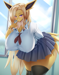 Size: 980x1241 | Tagged: suggestive, alternate version, artist:mleonheart, oc, oc only, eeveelution, fictional species, jolteon, mammal, anthro, nintendo, pokémon, 2023, bedroom eyes, bent over, black nose, blushing, bottomwear, breasts, clothes, digital art, ears, eyelashes, female, fluff, fur, hair, huge breasts, looking at you, neck fluff, nipple outline, school, school uniform, schoolgirl, shirt, skirt, solo, solo female, tail, textless version, thick thighs, thighs, topwear, wide hips