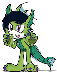 Size: 1400x1800 | Tagged: safe, artist:toyminator900, oc, oc:demon hellspawn, fish, lancetfish, anthro, sega, sonic the hedgehog (series), 3 toes, claws, fins, fish tail, green body, jewelry, male, necklace, open mouth, paws, purple eyes, scales, simple background, solo, solo male, sonicified, tail, transparent background