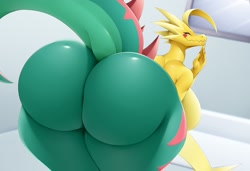 Size: 1433x980 | Tagged: suggestive, alternate version, artist:mleonheart, dracozolt, fictional species, anthro, nintendo, pokémon, 2022, bent over, breasts, butt, detailed background, digital art, ears, eyes closed, female, huge breasts, huge butt, looking at you, looking back, looking back at you, nudity, presenting, scales, sideboob, solo, solo female, tail, thick thighs, thighs, wide hips
