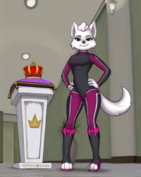 Size: 819x1024 | Tagged: safe, artist:diacordst, sweetie (paw patrol), canine, dog, mammal, anthro, digitigrade anthro, nickelodeon, paw patrol, 2023, bedroom eyes, black nose, breasts, clothes, crown, detailed background, digital art, ears, eyelashes, female, hair, hand on hip, headwear, jewelry, looking at you, older, regalia, solo, solo female, suit, tail, thighs, wide hips