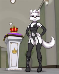 Size: 1638x2048 | Tagged: suggestive, alternate version, artist:diacordst, sweetie (paw patrol), canine, dog, mammal, anthro, digitigrade anthro, nickelodeon, paw patrol, 2023, bedroom eyes, black nose, boots, breasts, clothes, corset, crown, detailed background, digital art, ears, eyelashes, female, fingerless gloves, gloves, hair, hand on hip, headwear, jewelry, looking at you, older, panties, regalia, shoes, solo, solo female, tail, thighs, underwear, wide hips
