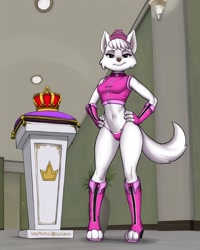 Size: 1638x2048 | Tagged: suggestive, alternate version, artist:diacordst, sweetie (paw patrol), canine, dog, mammal, anthro, digitigrade anthro, nickelodeon, paw patrol, 2023, bedroom eyes, black nose, breasts, clothes, crown, detailed background, digital art, ears, eyelashes, female, fingerless gloves, gloves, hair, hand on hip, headwear, high heels, jewelry, looking at you, older, panties, regalia, shoes, solo, solo female, tail, tank top, thighs, topwear, underwear, wide hips