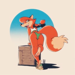 Size: 1211x1211 | Tagged: safe, artist:fox-popvli, oc, oc:patty (fox-popvli), canine, fox, mammal, red fox, anthro, butt, clothes, crop top, ears, feet, female, fur, green eyes, hair, looking at you, looking back, looking back at you, open mouth, orange body, orange fur, orange hair, pigtails, shoes, solo, solo female, tail, tank top, topwear, vixen
