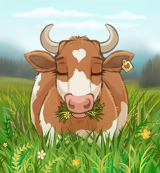 Size: 1306x1406 | Tagged: safe, artist:jenery, bovid, cattle, cow, mammal, feral, 2023, 2d, eating, eyes closed, female, flower, front view, grass, plant, solo, solo female, ungulate