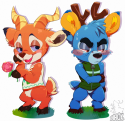 Size: 890x862 | Tagged: safe, artist:xnir0x, bam (animal crossing), beau (animal crossing), cervid, deer, mammal, anthro, animal crossing, nintendo, 2018, 2d, anthro/anthro, antlers, blue body, blue fur, blushing, bottomless, cloven hooves, digital art, duo, duo male, ears, flower, fur, hooves, horns, male, male/male, males only, orange body, orange fur, partial nudity, plant, rose, short tail, simple background, tail, white background