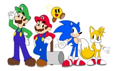 Size: 1328x777 | Tagged: safe, artist:alexiscreed02, artist:gbrick5, luigi (mario), mario (mario), miles "tails" prower (sonic), sonic the hedgehog (sonic), canine, fictional species, fox, hedgehog, human, mammal, red fox, anthro, humanoid, mario (series), nintendo, sega, sonic the hedgehog (series), crossover, group, male, males only, star sprite, starlow (mario)