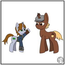 Size: 2000x2000 | Tagged: safe, artist:dice-warwick, oc, oc only, oc:littlepip, oc:shiner, equine, fictional species, mammal, pony, unicorn, feral, fallout equestria, fallout, friendship is magic, hasbro, my little pony, 2023, clothes, female, hat, headwear, hooves, horn, jumpsuit, male, mare, newsboy hat, pipbuck, raised hoof, simple background, stallion, transparent background, vault suit
