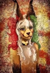 Size: 708x1024 | Tagged: artist needed, source needed, safe, oc, canine, fennec fox, fox, mammal, anthro, alternate hairstyle, blonde hair, ears, female, fur, green hair, hair, looking at you, red hair, solo, solo female, tan body, tan fur