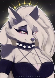 Size: 1446x2048 | Tagged: safe, artist:gangstargab, loona (vivzmind), canine, fictional species, hellhound, mammal, anthro, helluva boss, bare shoulders, breasts, cleavage, clothes, collar, colored sclera, female, halo, looking at you, red sclera, smiling, solo, solo female, spiked collar, topwear
