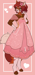 Size: 1063x2253 | Tagged: safe, artist:sweetyslime, oc, oc only, mammal, red panda, anthro, bottomwear, brown body, brown fur, brown hair, clothes, crossdressing, digital art, dress, ears, femboy, flower, flower in hair, fur, glasses, green eyes, hair, hair accessory, jewelry, male, necklace, paws, plant, round glasses, solo, solo male, tail